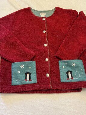 Christopher & Banks Red Sherpa Fleece Cardigan Penguin Pockets M